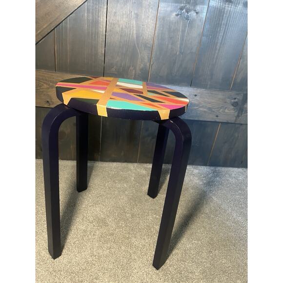 Hand painted Side Table Multicolor Navy Blue Legs Gold Geometric Unique Colorful - Picture 6 of 11